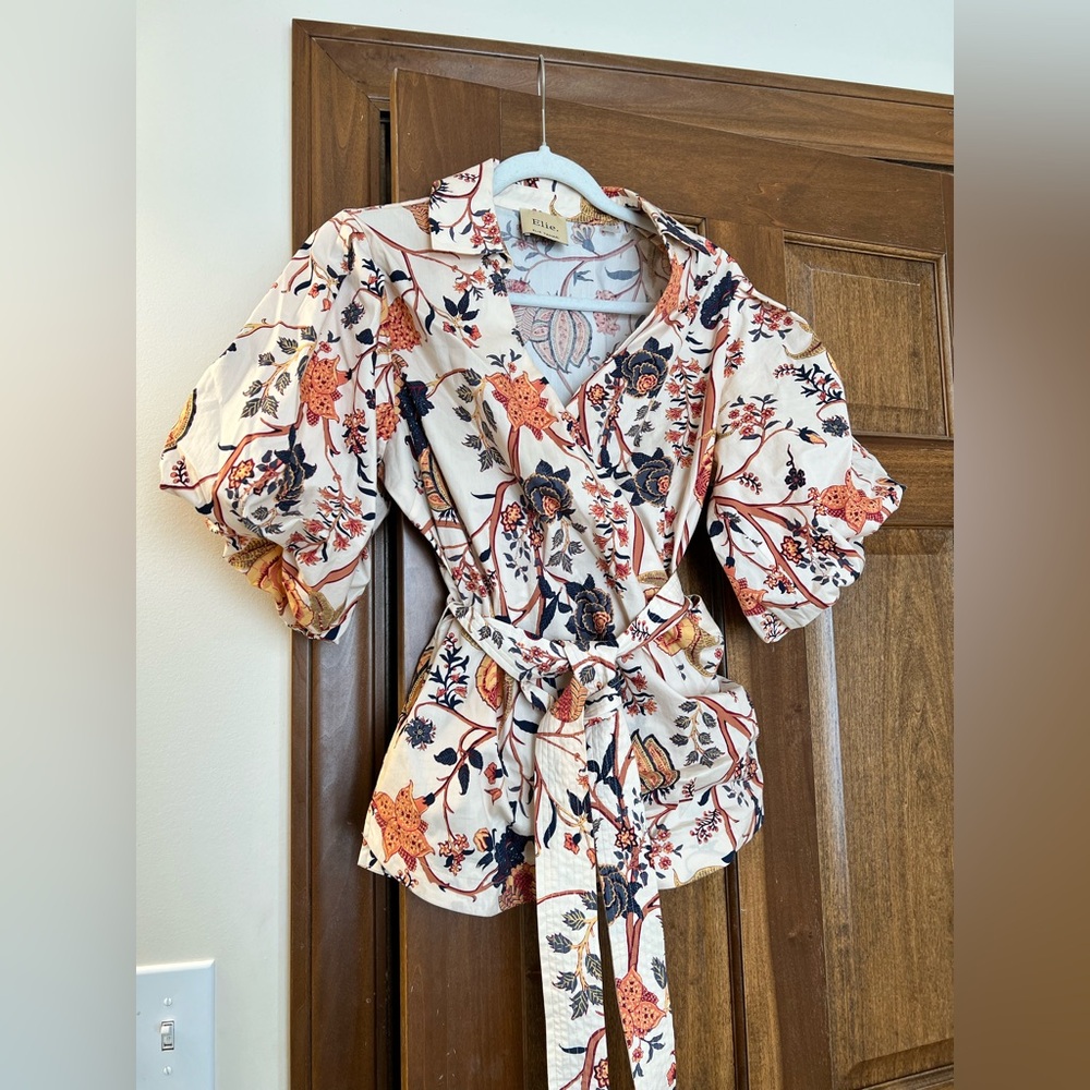 Elie Tahari Wrap Floral Puff Sleeve Top - Women’s Size L